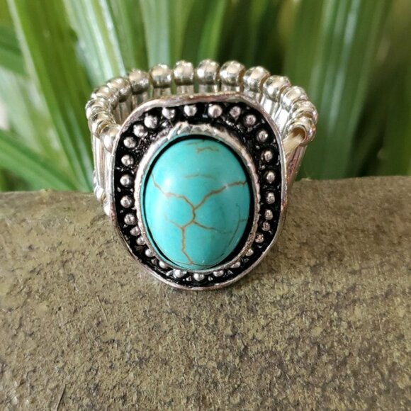 Turquoise Stone Silver Tone Stretch Ring 💥3 for $24💥 - Picture 1 of 12
